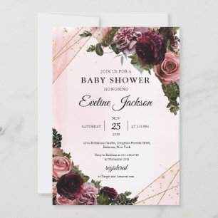 Boho Mauve och maronblommor guld ram rustic Inbjudningar