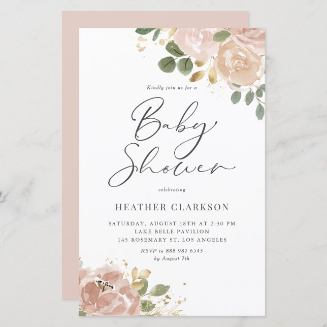 Boho Mauve Peach Blommigt Baby Shower-inbjudan (Fram/baksida)