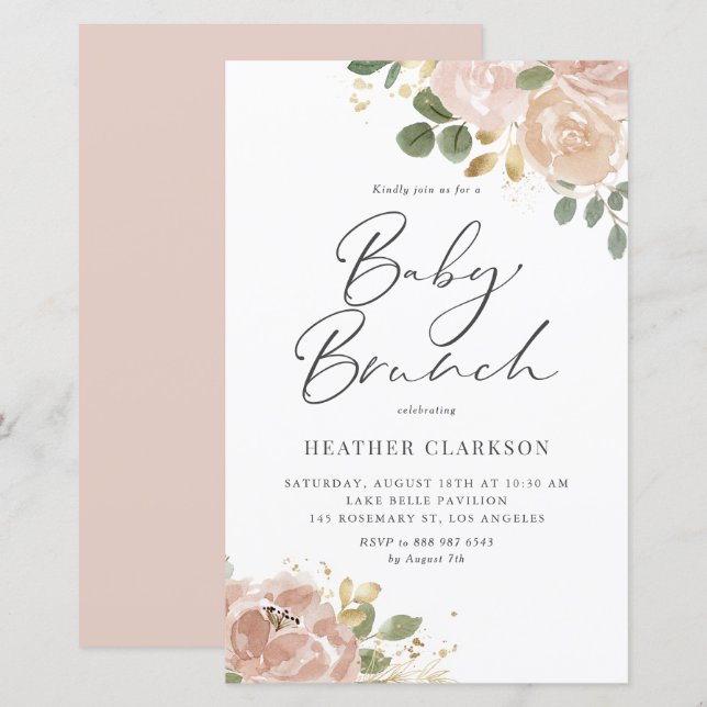 Boho Mauve Peach Flowers Baby Brunch-inbjudan (Fram/baksida)