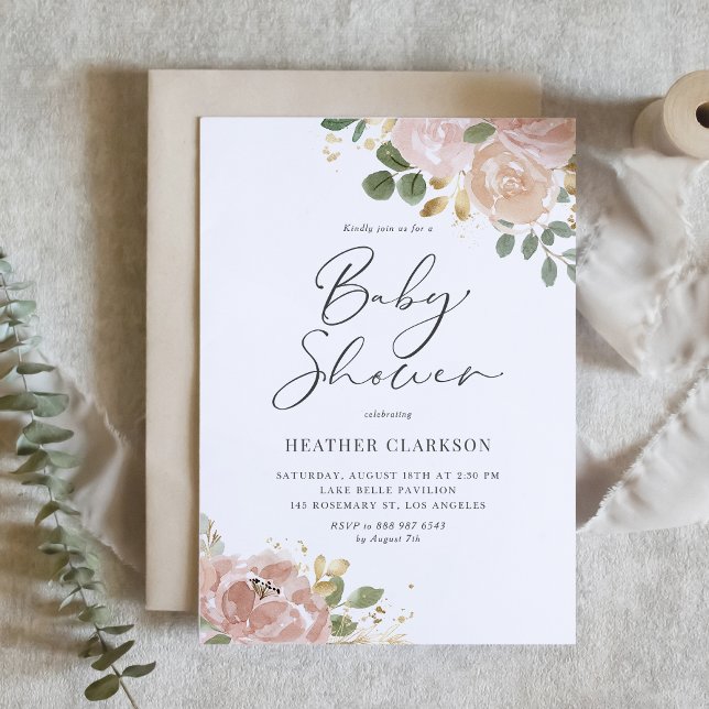 Boho Mauve Peach Flowers QR Code Baby Shower Inbjudningar (Customizable Baby Shower QR Code Invitation – Watercolour Mauve Peach, Greenery, & Faux Gold Foil)