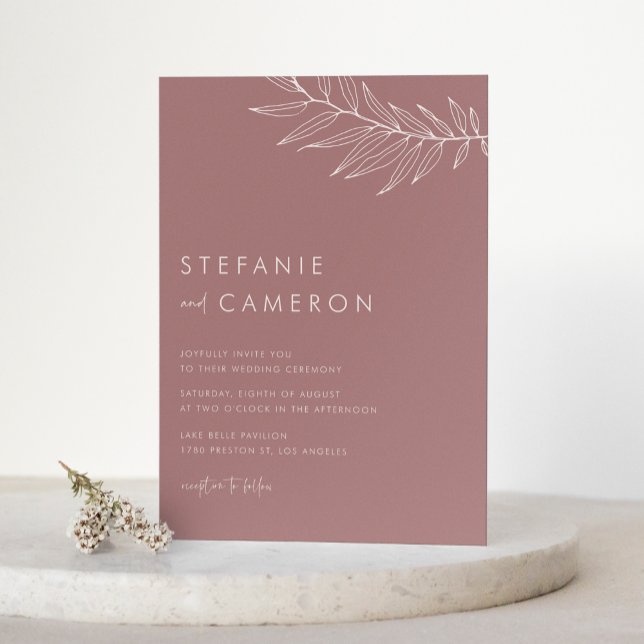 Boho Mauve Rosa Minimalist Foliage Bröllop Inbjudningar (Skapare uppladdad)