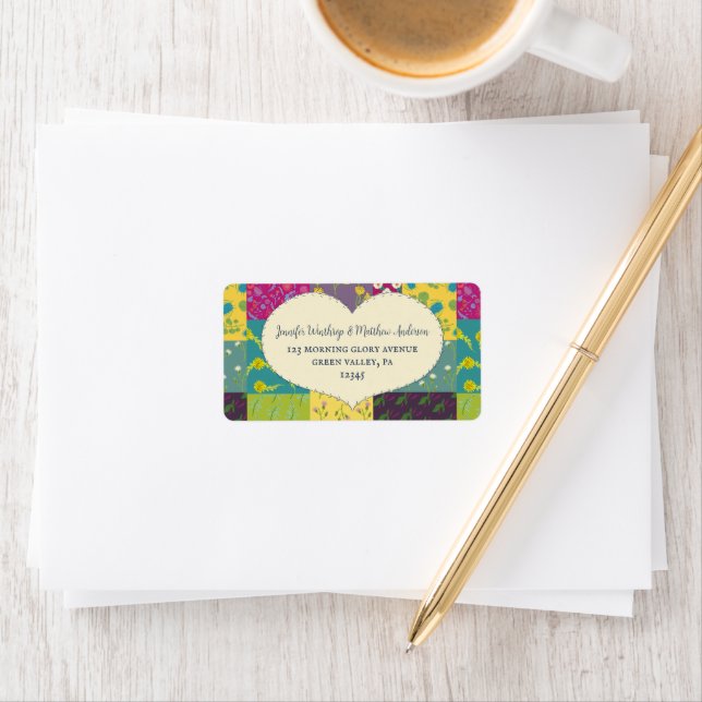 Boho Maximalist Patchwork Quilt Heart Adress Adressetikett (Insitu)