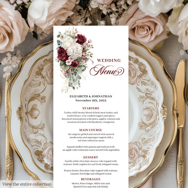 Boho-menykort för vit guld-blommigt bröllop meny (Boho deep red white gold floral wedding menu card

)