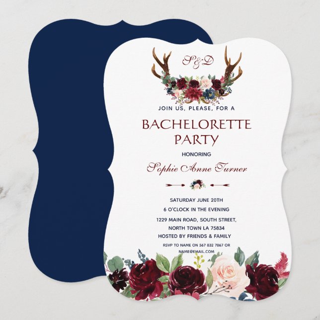 Boho Merlot Blommigt Antlers Bachelorette Party Inbjudningar (Fram/baksida)