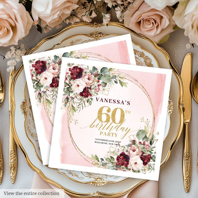 Boho Merlot Blush Blommig Guld 60-årsdag Servett (Boho Merlot Blush Floral Gold 60th Birthday Napkins)