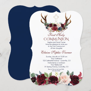 Boho Merlot Navy Blommigt Antlers First Communion Inbjudningar