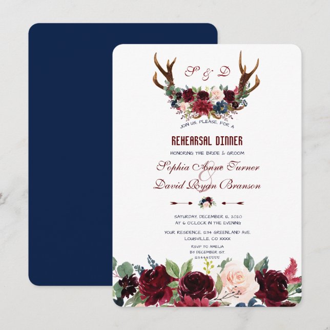 Boho Merlot Navy Blommigt Antlers Rehearsal Dinner Inbjudningar (Fram/baksida)