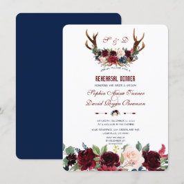 Boho Merlot Navy Blommigt Antlers Rehearsal Dinner Inbjudningar