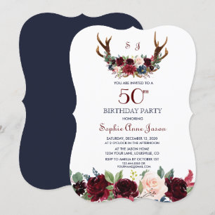 Boho Merlot Navy Blue Blommigt Antlers 50:e födels Inbjudningar