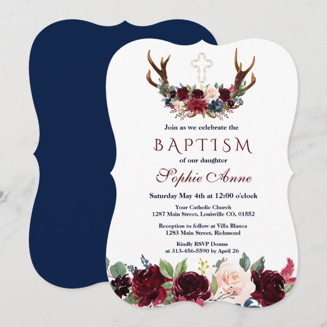 Boho Merlot Navy Blue Blommigt Antlers Baptism Inbjudningar (Fram/baksida)
