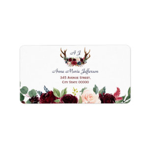 Boho Merlot Navy Blue Blommigt Antlers Bröllop Adressetikett