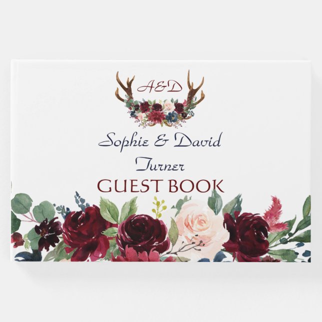 Boho Merlot Navy Blue Blommigt Antlers Bröllop Gästböcker (Framsida)
