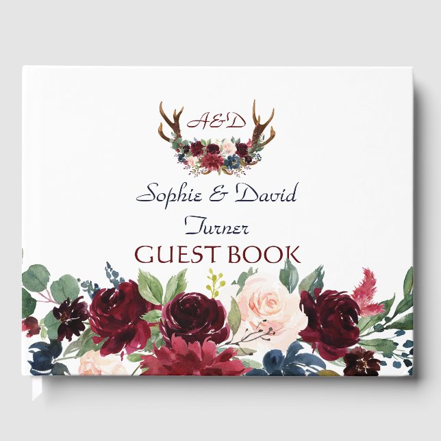 Boho Merlot Navy Blue Blommigt Antlers Bröllop Gästböcker (Framsida)