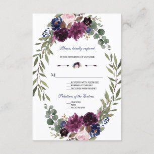 Boho Merlot Navy Blue Blommigt Antlers Bröllop OSA Kort