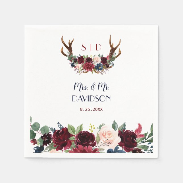 Boho Merlot Navy Blue Blommigt Antlers Bröllop Pappersservett (Framsidan)