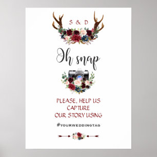 Boho Merlot Navy Blue Blommigt Antlers Bröllop Poster