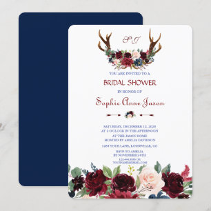Boho Merlot Navy Blue Blommigt Antlers Möhippa Inbjudningar
