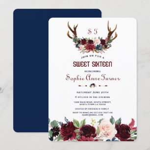 Boho Merlot Navy Blue Blommigt Antlers Sweet 16 Inbjudningar