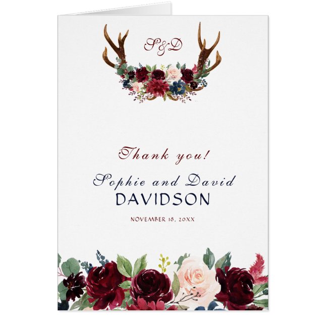 Boho Merlot Navy Blue Blommigt Antlers Tack Hälsningskort (Framsidan)