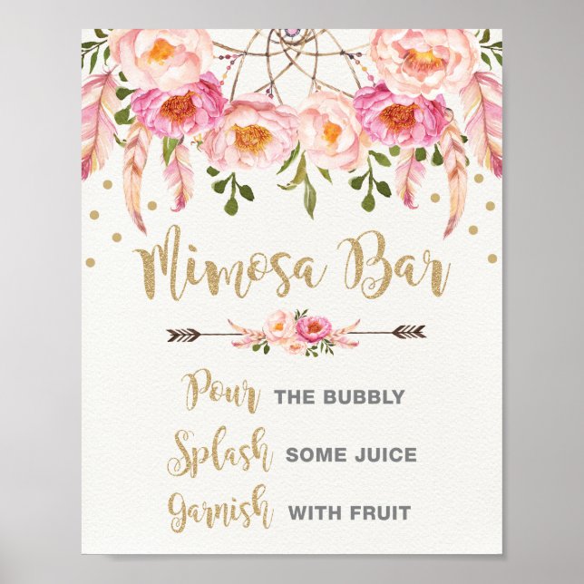 Boho Mimosa Bar Rosa Guld Bröllopsdusch Poster (Framsidan)