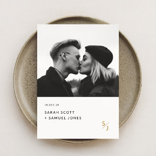 Boho Minimal Black and White Guld Monogram Bröllop Inbjudningar