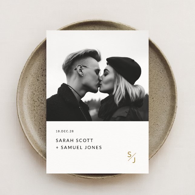 Boho Minimal Black and White Guld Monogram Bröllop Inbjudningar (Skapare uppladdad)