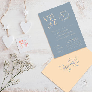 Boho Minimal Blue Beige Löv Monogram Bröllop OSA Kort
