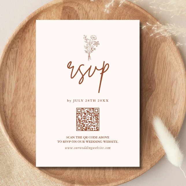 Boho Minimal Botanik Terrakotta QR-kod Bröllop OSA Kort (Boho minimalist terracotta QR code RSVP card simplifies replies while adding warm earthy charm)