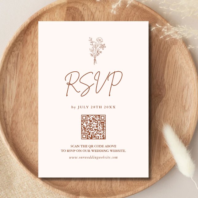 Boho Minimal Botanik Terrakotta QR-kod Bröllop OSA Kort (Boho minimalist terracotta botanical RSVP card with QR code adds easy responses and warm style)