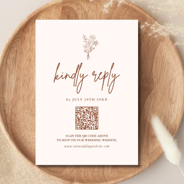 Boho Minimal Botanik Terrakotta QR-kod Bröllop OSA Kort (Boho minimalist terracotta botanical RSVP card with QR code adds easy, stylish guest responses)