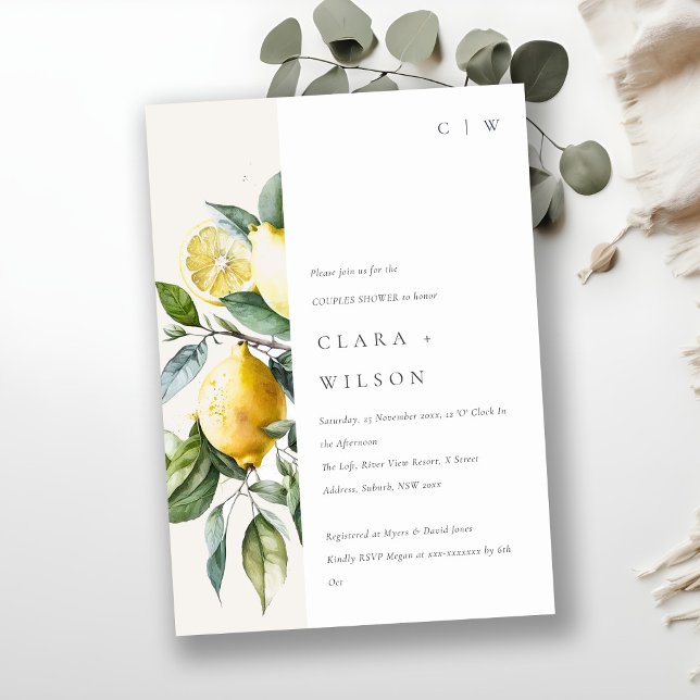 Boho Minimal Gult Lemon Garden Par Shower Inbjudningar (Skapare uppladdad)
