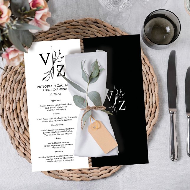 Boho Minimal Löv Monogram Bröllop Meny (Skapare uppladdad)