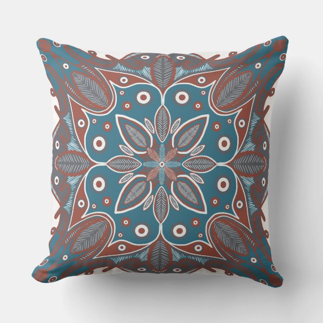 Boho Minimal Mandala Hand Drawn Rust Teal Kudde (Framsida)