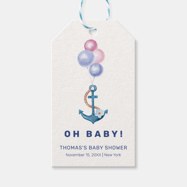 Boho Minimal Nautical Anchor Balloon Baby Shower Presentetikett (Framsidan)