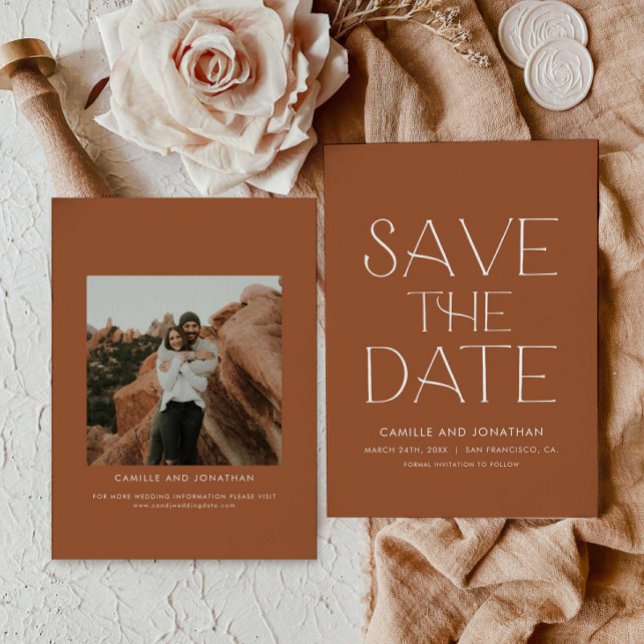 Boho Minimal Photo Save Date Spara Datumet (Terracotta Boho Save the Date Photo Card)