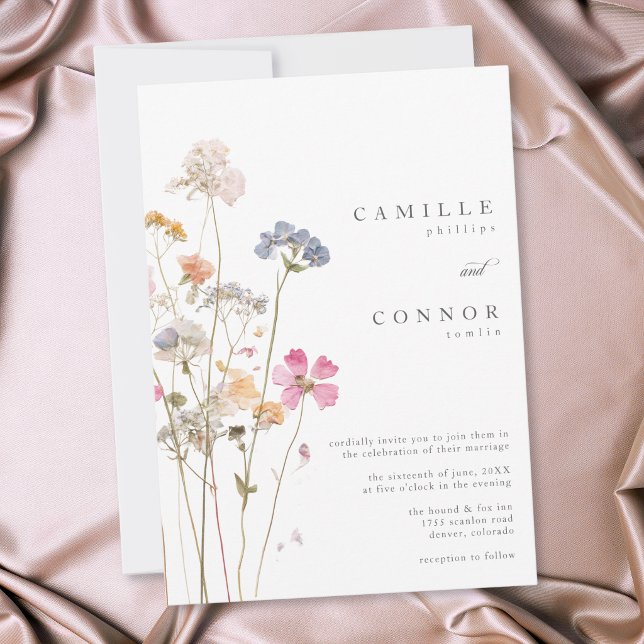Boho Minimal Tryckt Vildblomma Botanisk Bröllop Inbjudningar (Boho Minimal Pressed Wildflower Botanical Wedding Invitation)