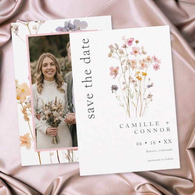 Boho Minimal Tryckt Vildblomma Botanisk Bröllop Spara Datumet (Boho Minimal Pressed Wildflower Botanical Photo Wedding Save The Date)