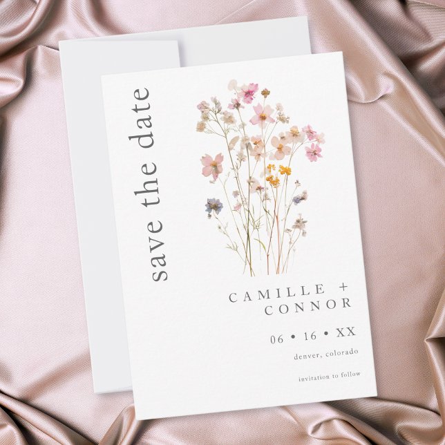 Boho Minimal Tryckt Vildblomma Botanisk Bröllop Spara Datumet (Boho Minimal Pressed Wildflower Botanical Wedding Save The Date)