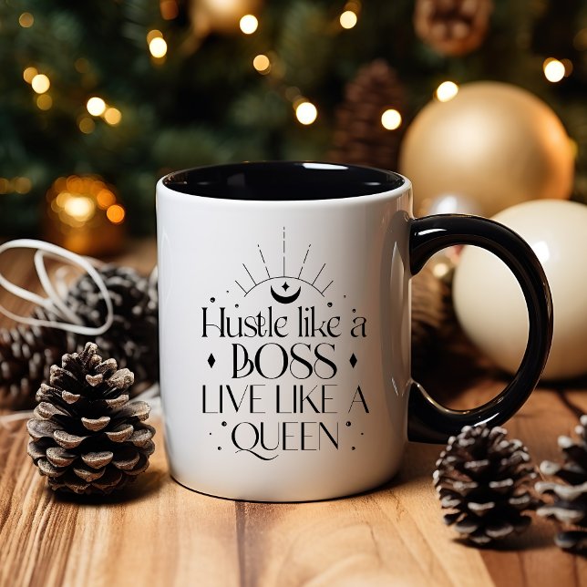 Boho Minimalist Black and White Måne Dam Chef Mugg (HUSTLE LIKE A BOSS LIVE LIKE A QUEEN mug)