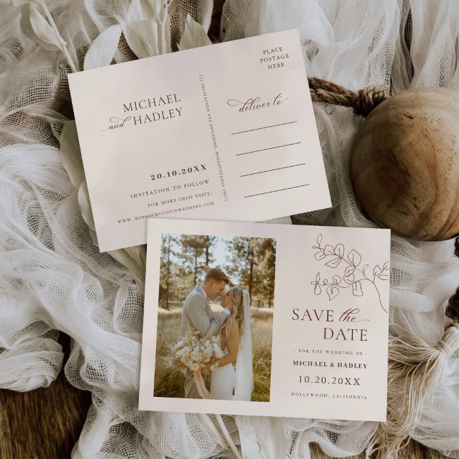 Boho Minimalist Blommigt Bröllop spara datum Inbjudan Vykort (Skapare uppladdad)