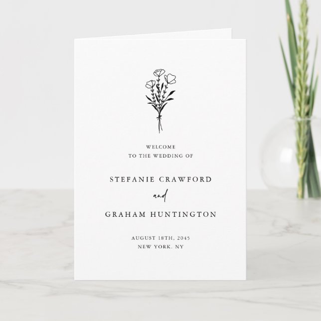Boho Minimalist Botanicals Black and White Bröllop Program (Framsida)