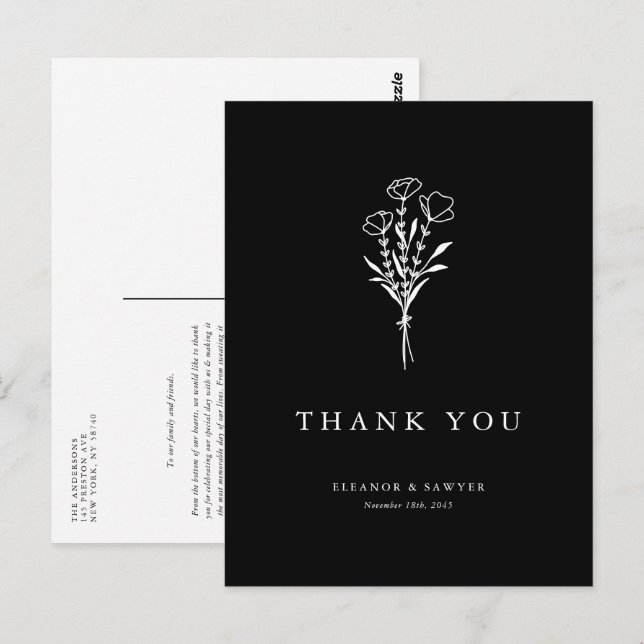 Boho Minimalist Botanicals Black Bröllop Tack Vykort (Fram/baksida)