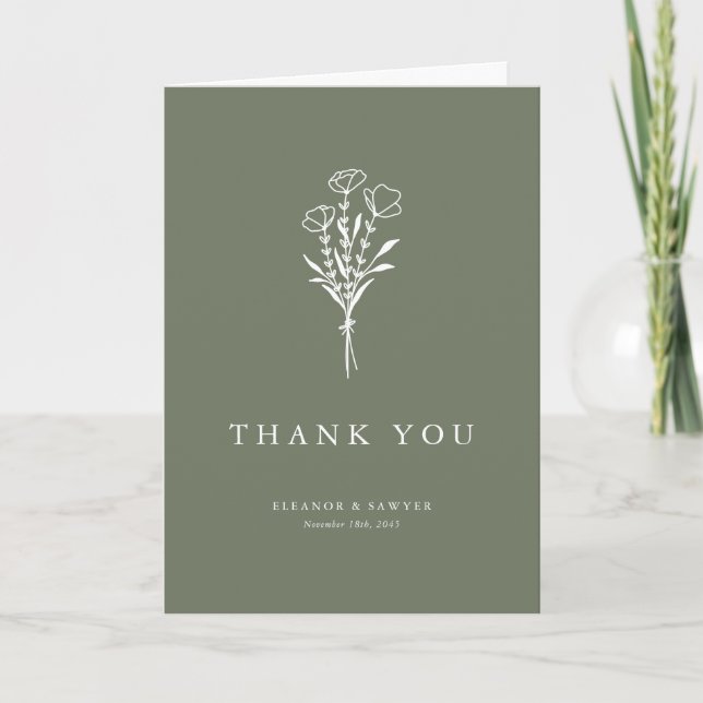 Boho Minimalist Botanicals Taupe Grönt Bröllop Tack Kort (Framsida)