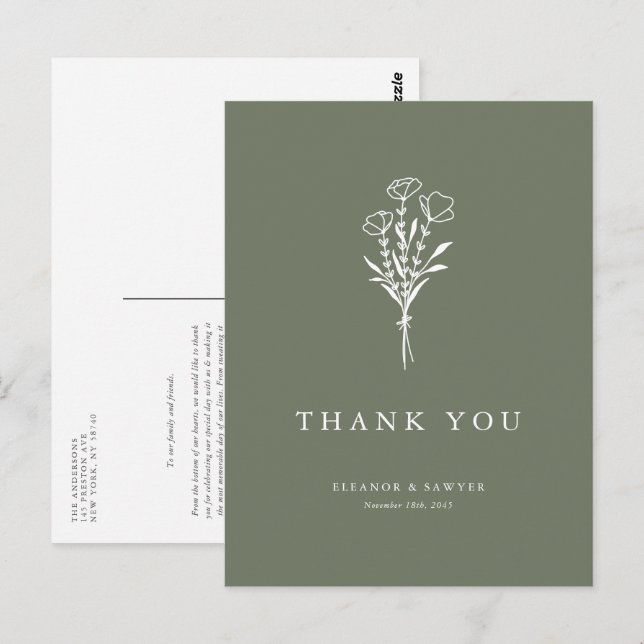 Boho Minimalist Botanicals Taupe Grönt Tack Vykort (Fram/baksida)