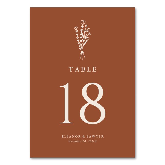 Boho Minimalist Botanicals Terracotta Bröllop Bordsnummer (Framsidan)