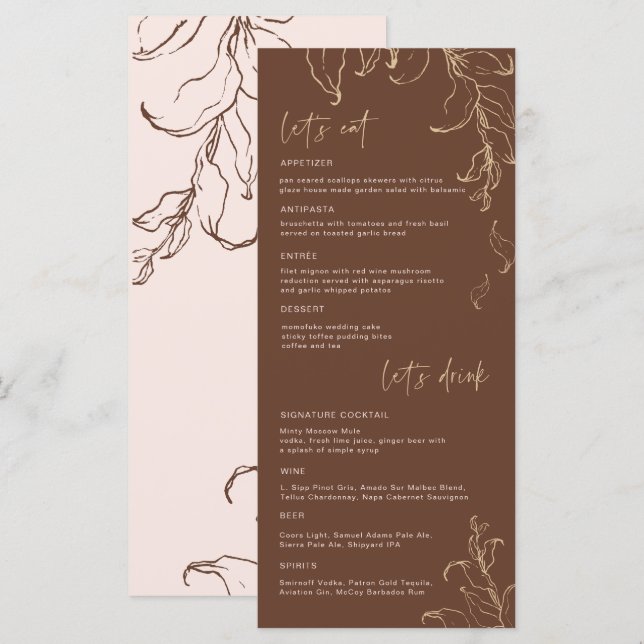 Boho Minimalist Botanicals Terracotta Bröllop Menu Meny (Fram/baksida)
