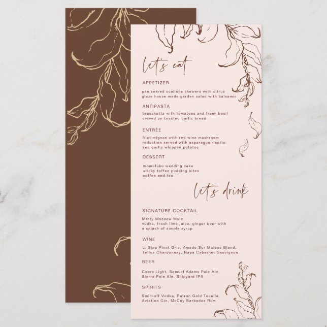 Boho Minimalist Botanicals Terracotta Bröllop Menu Meny (Fram/baksida)
