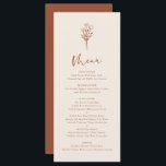 Boho Minimalist Botanicals Terracotta Bröllop Meny<br><div class="desc">Lägg till de här botaniska minimalistmenykorten för anpassadet till händelsens tabellutrymning. Den har en modern blommigt bouquet-linje med vismisk kalligrafi. Anpassa det här snabbmenykortet genom att lägga till namn,  data och måltider. Det här terracotta-menykortet är perfekt för bröllop,  babyduschar,  möhippor,  födelsedagar och så mycket mer.</div>