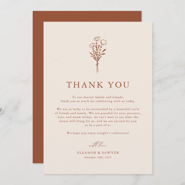Boho Minimalist Botanicals Terracotta Fall Wedding Tack Kort (Fram/baksida)