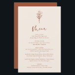 Boho Minimalist Botanicals Terracotta Menu Card<br><div class="desc">Lägg till de här minimalistmenykorten för anpassadets blommigt till händelsens tabellutrymning. Den har en modern blommigt bouquet-linje med vismisk kalligrafi. Anpassa det här snabbmenykortet genom att lägga till namn,  data och måltider. Det här terracotta-menykortet är perfekt för bröllop,  babyduschar,  möhippor,  födelsedagar och så mycket mer.</div>